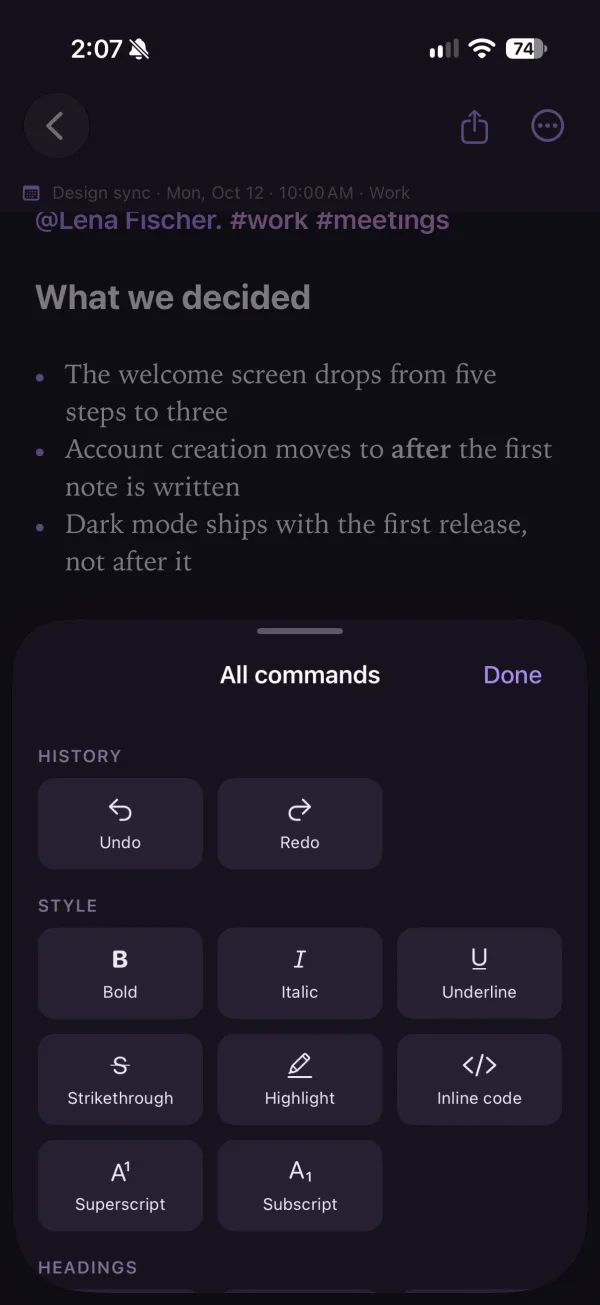 The note editor's command sheet on iPhone