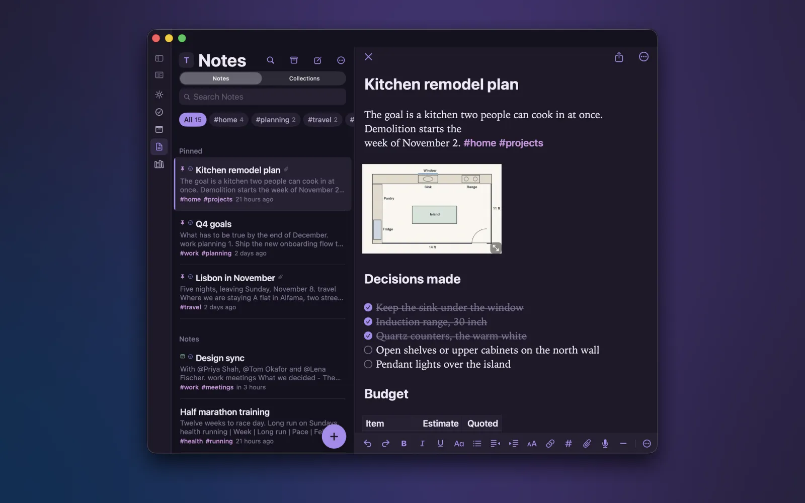 TallyMind on Mac showing a note with a floor plan, checklist and budget table